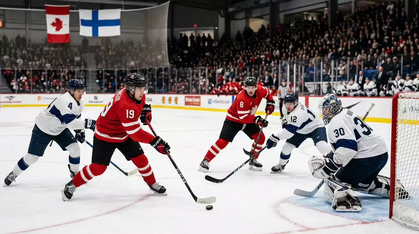 Атакуващ мач на международен турнир на IIHF с разпознаваеми тенденции за тотали