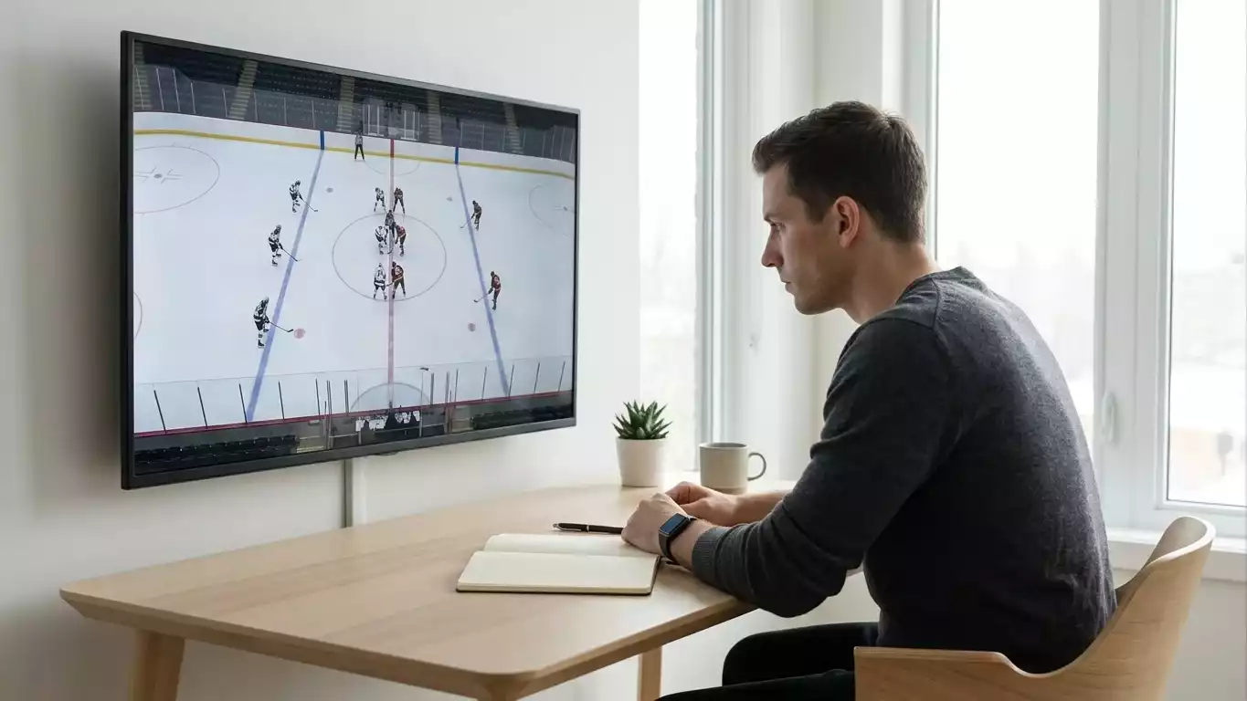Залагащ разчита сигналите на пазара преди хокеен мач на голям екран