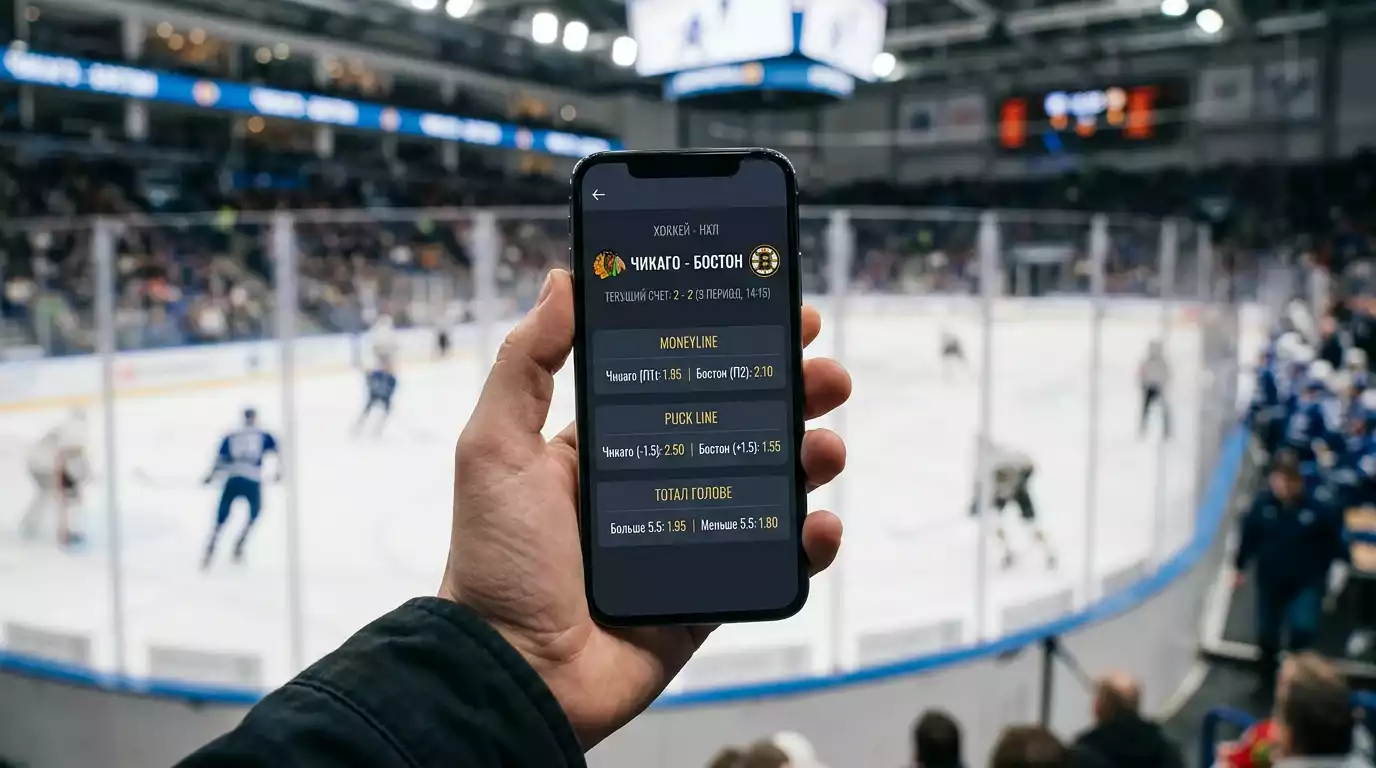 Мобилен екран на лицензиран оператор с трите основни хокейни пазара — Moneyline, puck line и тотал голове