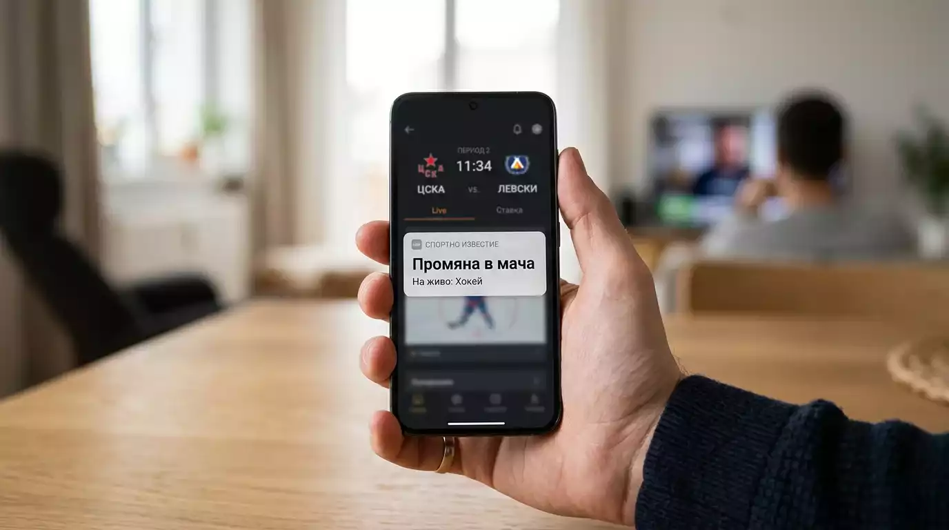 Известие на телефон за промяна в хокеен мач по време на live залог